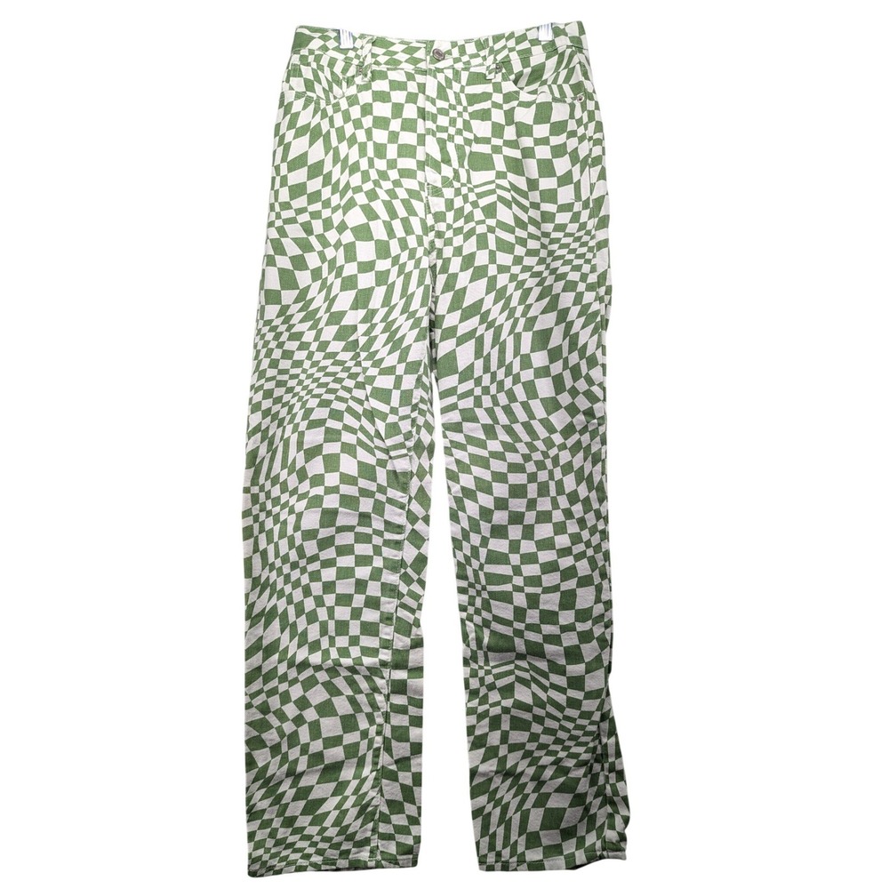 SONG 90s Boyfriend Jeans Green White Warped Checkerboard Button Fly Size 9/29